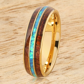 Tungsten Carbide Yellow Gold Plated Natural Koa Wood and Opal Triple Row Oval Wedding Ring 6mm