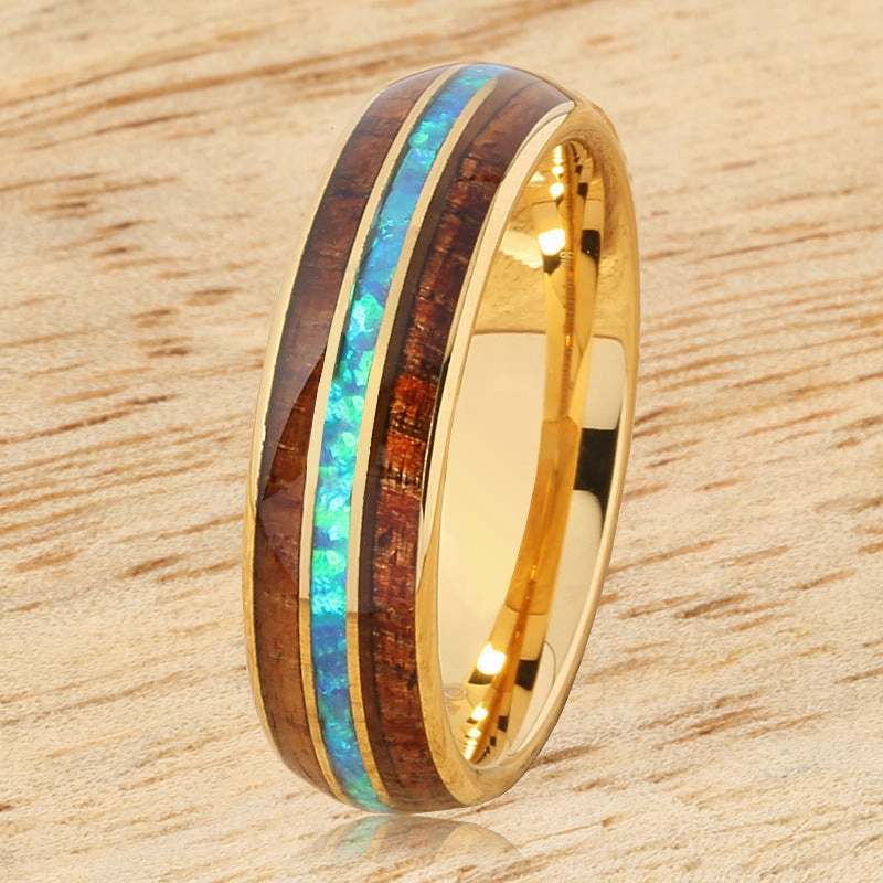 Tungsten Carbide Yellow Gold Plated Natural Koa Wood and Opal Triple Row Oval Wedding Ring 6mm
