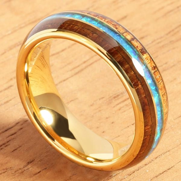 Tungsten Carbide Yellow Gold Plated Natural Koa Wood and Opal Triple Row Oval Wedding Ring 6mm