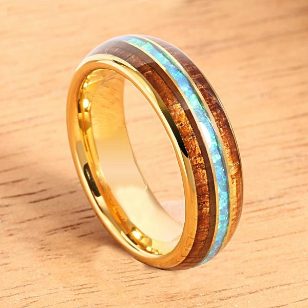 Tungsten Carbide Yellow Gold Plated Natural Koa Wood and Opal Triple Row Oval Wedding Ring 6mm