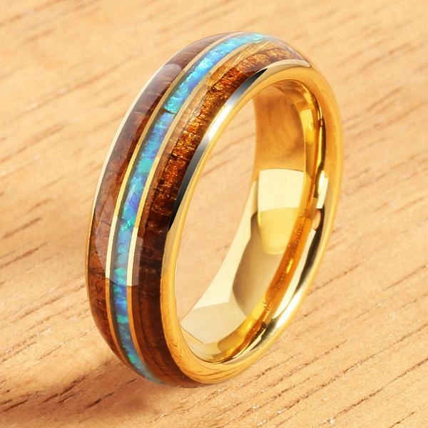 Tungsten Carbide Yellow Gold Plated Natural Koa Wood and Opal Triple Row Oval Wedding Ring 6mm