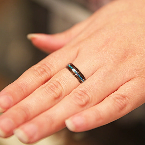 Tungsten Carbide Yellow Gold Plated Natural Koa Wood and Opal Triple Row Oval Wedding Ring 6mm
