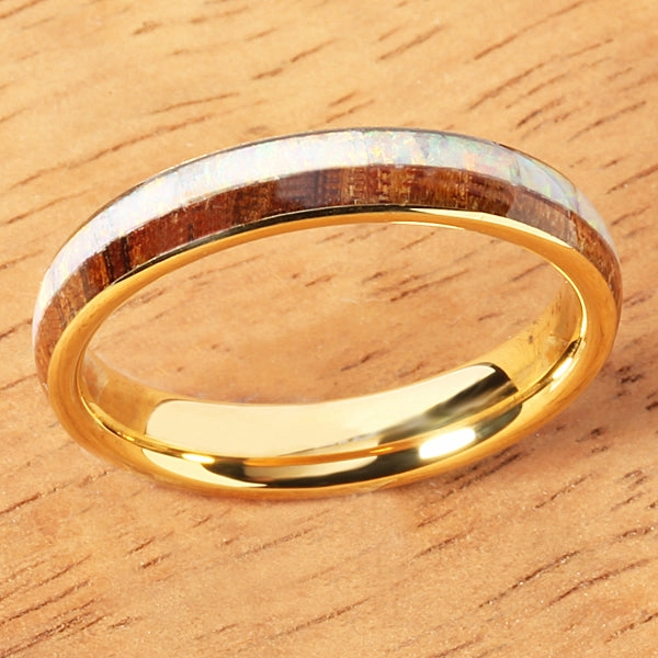 Tungsten Carbide Yellow Gold Plated Natural Koa Wood and Pink Opal Half/Half Oval Wedding Ring 4mm