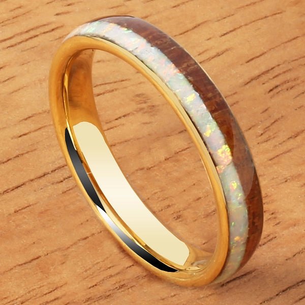 Tungsten Carbide Yellow Gold Plated Natural Koa Wood and Pink Opal Half/Half Oval Wedding Ring 4mm
