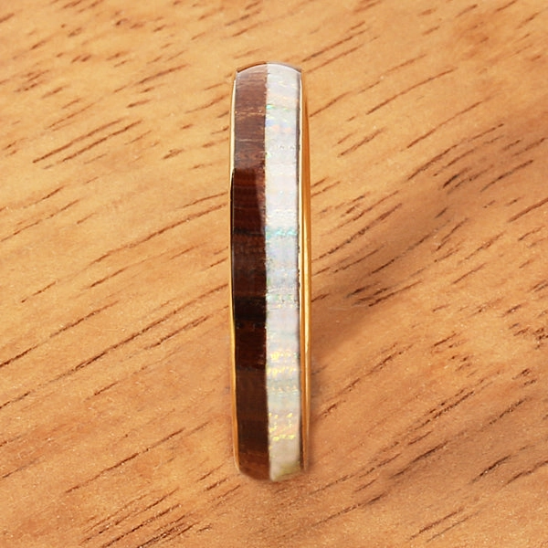 Tungsten Carbide Yellow Gold Plated Natural Koa Wood and Pink Opal Half/Half Oval Wedding Ring 4mm