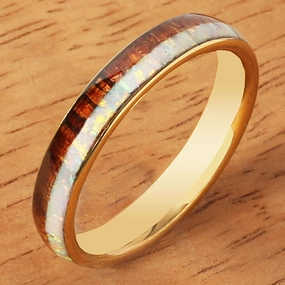 Tungsten Carbide Yellow Gold Plated Natural Koa Wood and Pink Opal Half/Half Oval Wedding Ring 4mm
