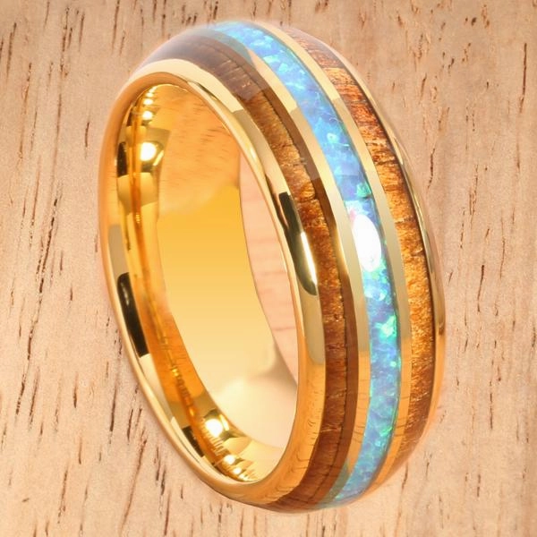 Tungsten Carbide Yellow Gold Plated Natural Koa Wood Opal Triple Row Oval Wedding Ring 8mm