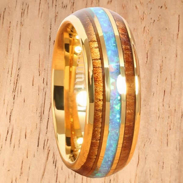 Tungsten Carbide Yellow Gold Plated Natural Koa Wood Opal Triple Row Oval Wedding Ring 8mm