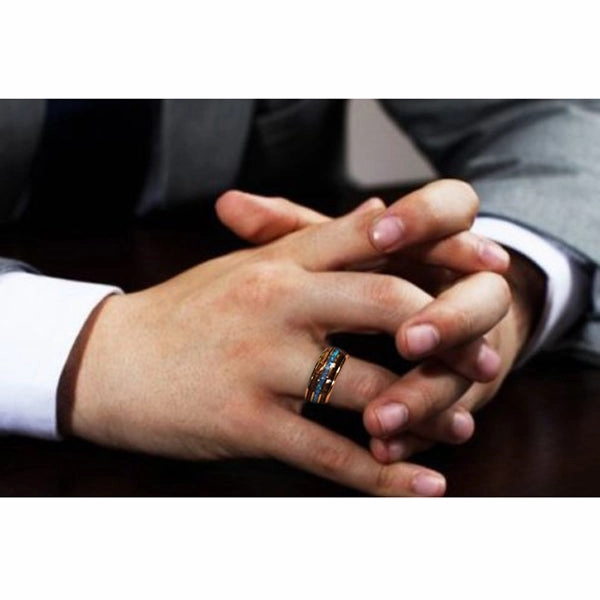 Tungsten Carbide Yellow Gold Plated Natural Koa Wood Opal Triple Row Oval Wedding Ring 8mm