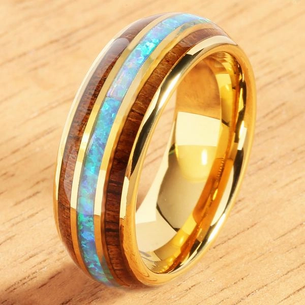 Tungsten Carbide Yellow Gold Plated Natural Koa Wood Opal Triple Row Oval Wedding Ring 8mm
