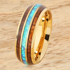 Tungsten Carbide Yellow Gold Plated Natural Koa Wood Opal Triple Row Oval Wedding Ring 8mm