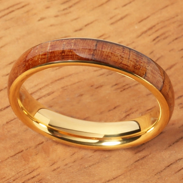 Tungsten Carbide Yellow Gold Plated Natural Koa Wood Oval Wedding Ring 4mm