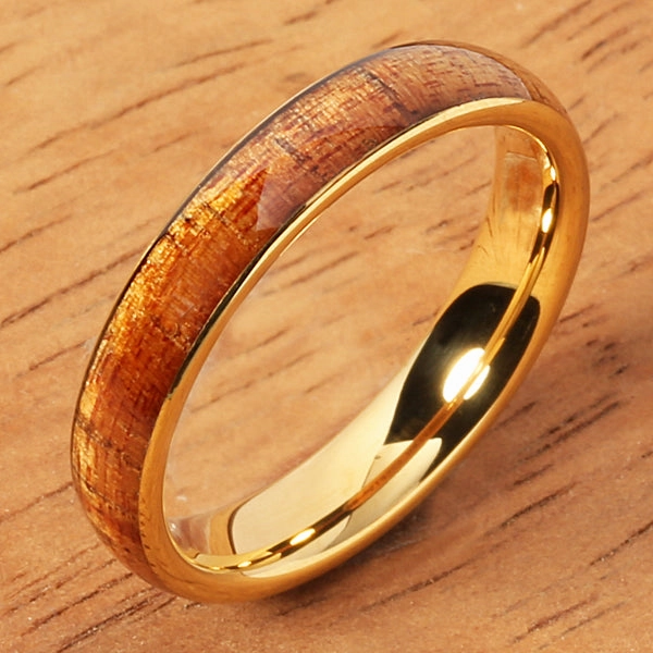 Tungsten Carbide Yellow Gold Plated Natural Koa Wood Oval Wedding Ring 4mm