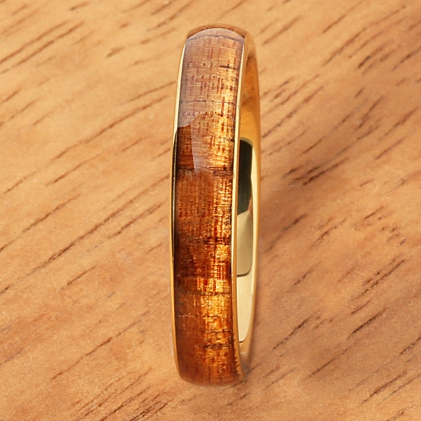 Tungsten Carbide Yellow Gold Plated Natural Koa Wood Oval Wedding Ring 4mm