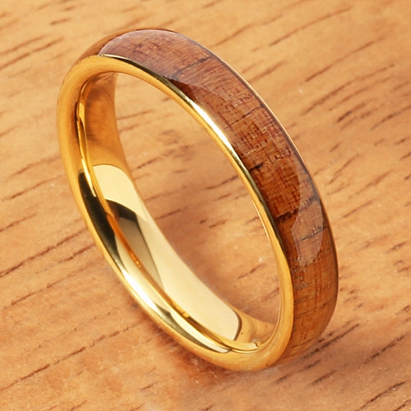 Tungsten Carbide Yellow Gold Plated Natural Koa Wood Oval Wedding Ring 4mm