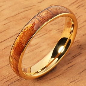 Tungsten Carbide Yellow Gold Plated Natural Koa Wood Oval Wedding Ring 4mm