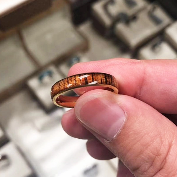 Tungsten Carbide Yellow Gold Plated Natural Koa Wood Oval Wedding Ring 4mm