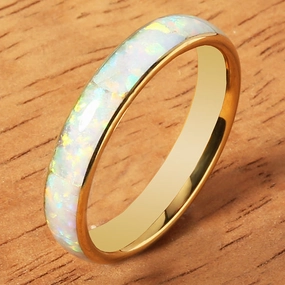 Tungsten Carbide Yellow Gold Plated Pink Opal Oval Wedding Ring 4mm