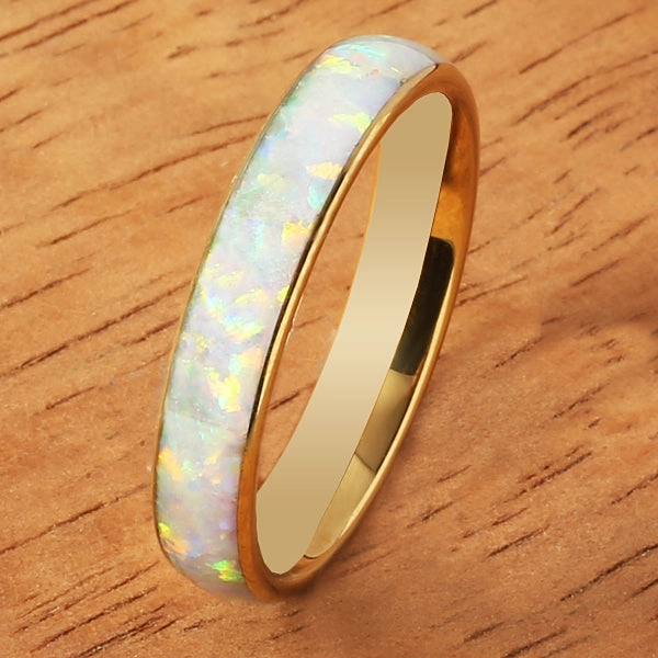 Tungsten Carbide Yellow Gold Plated Pink Opal Oval Wedding Ring 4mm