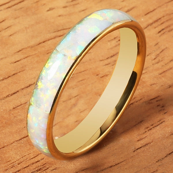 Tungsten Carbide Yellow Gold Plated Pink Opal Oval Wedding Ring 4mm