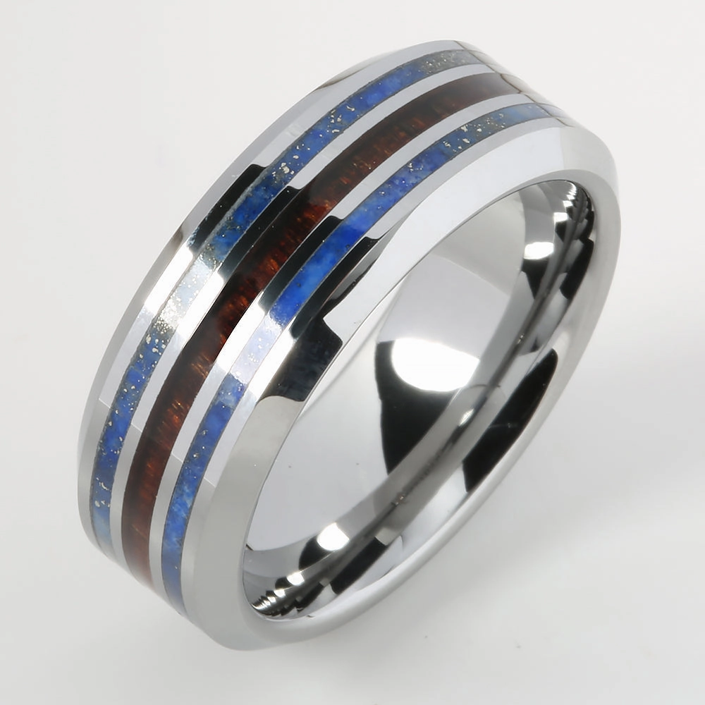 Tungsten Lapis Lazuli and Hawaiian Koa Wood Inlaid Triple Row Beveled Edge Wedding Ring 8mm