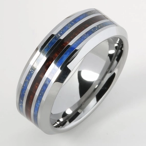 Tungsten Lapis Lazuli and Hawaiian Koa Wood Inlaid Triple Row Beveled Edge Wedding Ring 8mm