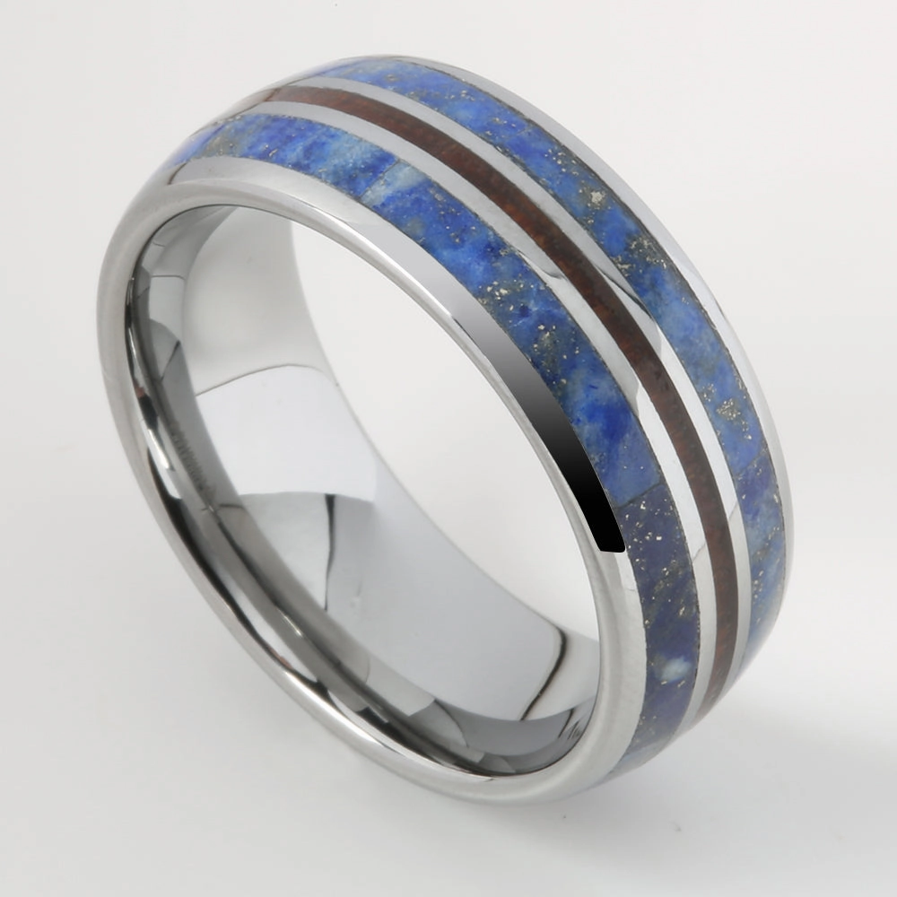 Tungsten Lapis Lazuli and Hawaiian Koa Wood Inlaid Triple Row Oval Wedding Ring 8mm