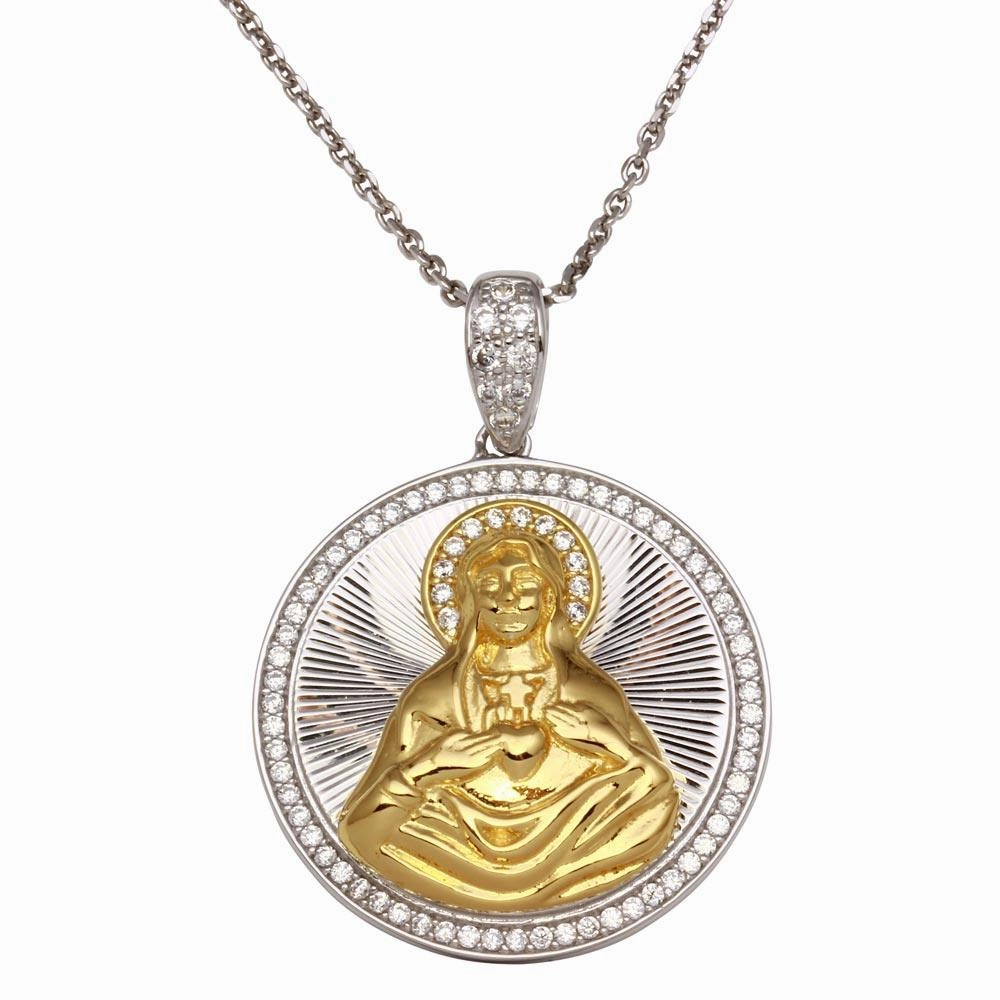 Two-Tone 925 Sterling Silver Round Virgin Mary Pendant Necklace with CZ - GMP00014RG