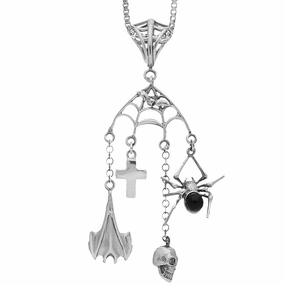 Unique Gothic Whitby Jet Necklace Web Bat Cross Skull & Spider Sterling Silver