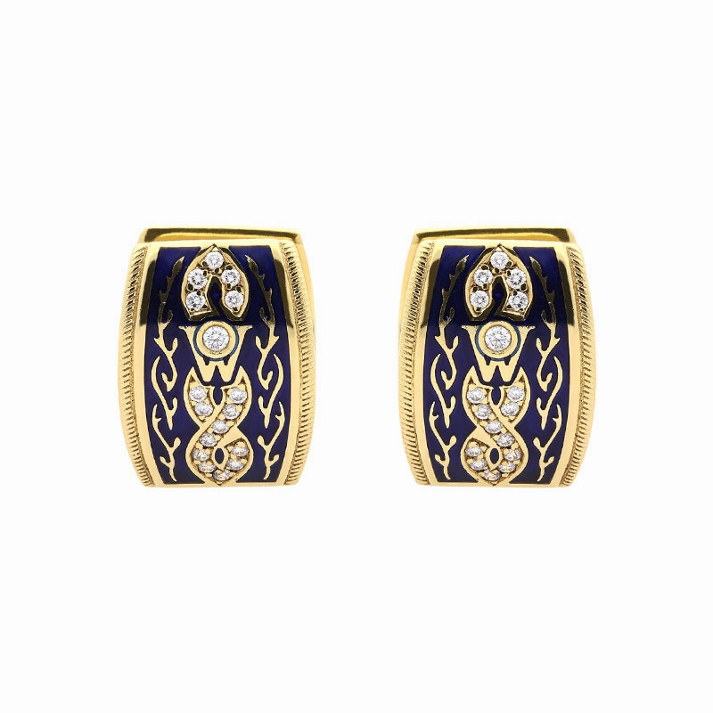 Wellendorff 18ct Yellow Gold 0.20ct Diamond Blue Enamel Hoop Earrings