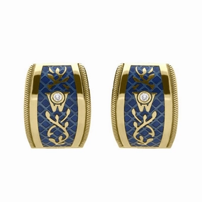 Wellendorff 18ct Yellow Gold Diamond Blue Enamel Hoop Earrings