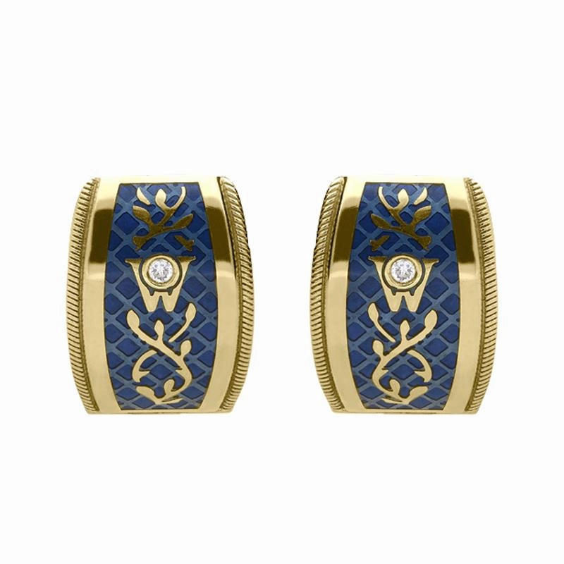 Wellendorff 18ct Yellow Gold Diamond Blue Enamel Hoop Earrings