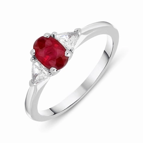 White Gold 0.60ct Ruby Diamond Oval Cut Trilogy Ring