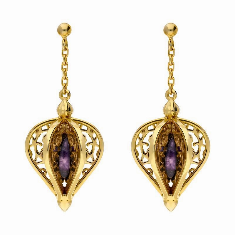 Yellow Gold Plated Sterling Silver Blue John Flore Filigree Drop Earrings D
