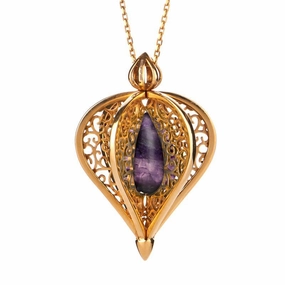 Yellow Gold Plated Sterling Silver Blue John Flore Filigree Droplet Necklace