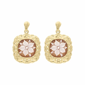 Yellow Gold Plated Sterling Silver Cameo Floral Framed Cushion Drop Earrings D