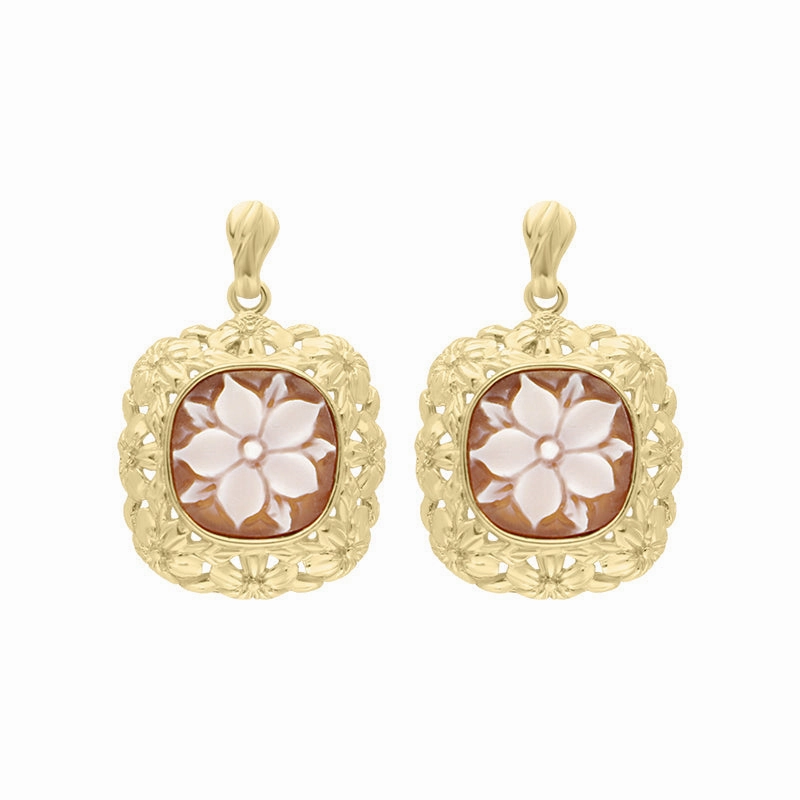Yellow Gold Plated Sterling Silver Cameo Floral Framed Cushion Drop Earrings D