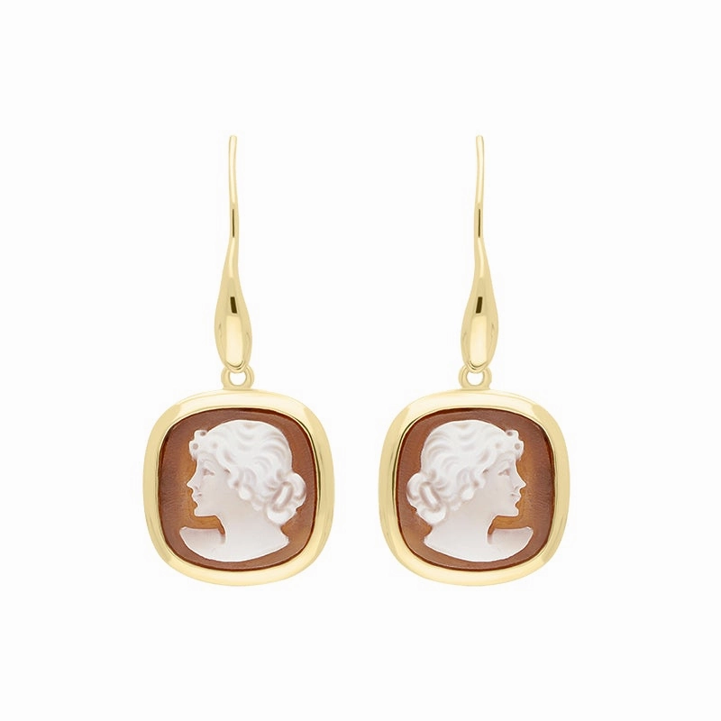 Yellow Gold Plated Sterling Silver Cameo Square Lady Drop Earrings D