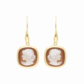 Yellow Gold Plated Sterling Silver Cameo Square Lady Drop Earrings D