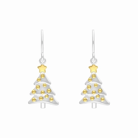 Yellow Gold Plated Sterling Silver Christmas Tree Hook Earrings