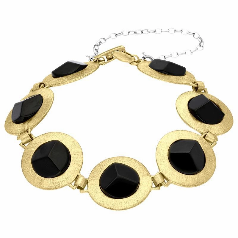 Yellow Gold Plated Sterling Silver Whitby Jet Satin Disc Link Bracelet D