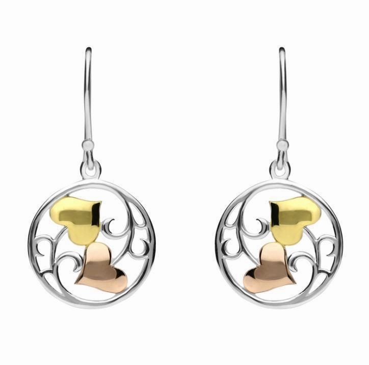 Yellow Rose Gold Sterling Silver Plated Heart and Vine Hook Earrings